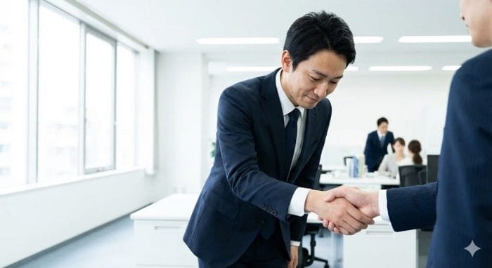 ビジネスシーンで丁寧に握手をする様子