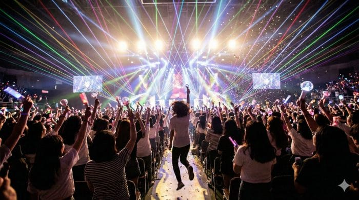 K-POPコンサート会場でペンライトを振りながら熱狂するファンたち。신나다（興奮、ハイテンション）を表現。