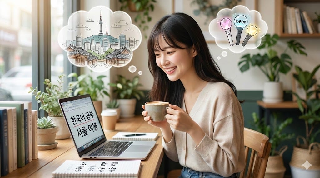 ノートパソコンとコーヒーを持って机に向かい、韓国語を勉強する女性。吹き出しにはソウルのランドマークやK-POPが表示され、彼女の興味を示している。.
