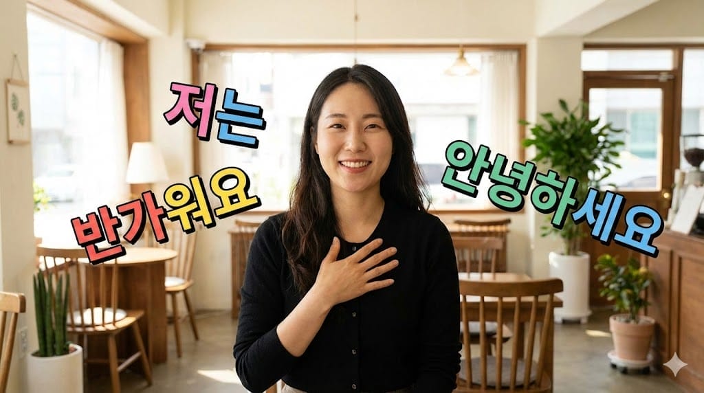 室内で胸に手を当てて微笑む女性。彼女の周りには "안녕하세요"（こんにちは）、"저는 반가워요"（お会いできてうれしいです）など韓国語の挨拶が並んでいる。.