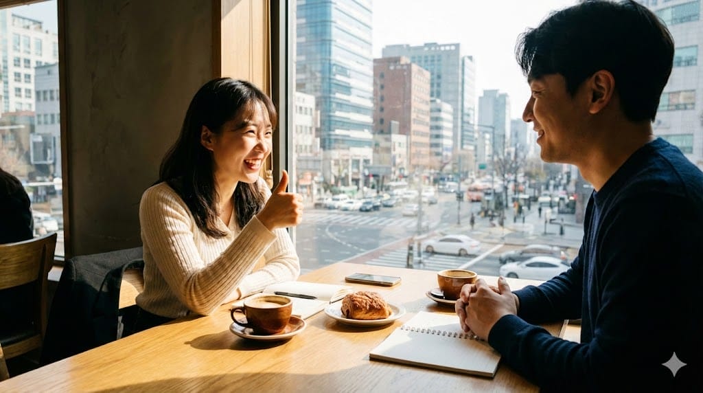 カフェの窓際のテーブルに2人が座り、コーヒーとペストリーを食べながら微笑みながら話している。.