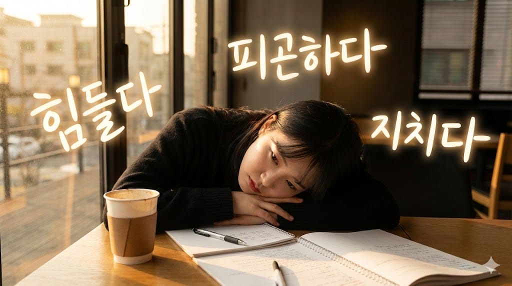 開いたノートとコーヒーカップの横で、腕に頭を乗せてテーブルに座る女性。彼女の周りには、疲れを表す韓国語が表示されている。.
