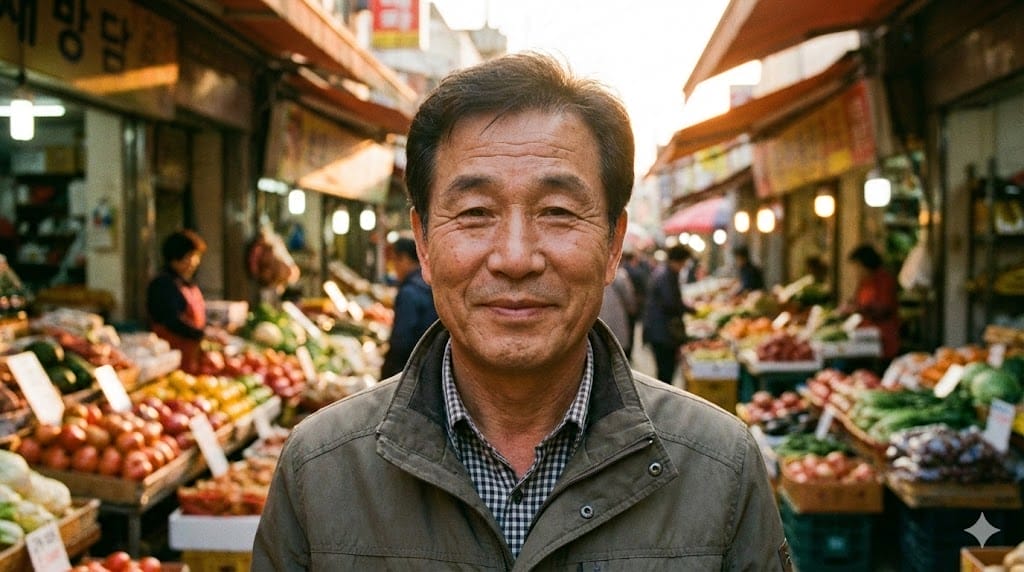 高層ビルを背景に、韓国語や日本語のカラフルな看板と人々が行き交う賑やかな通りに、開いた本を持った女性が立っている。.