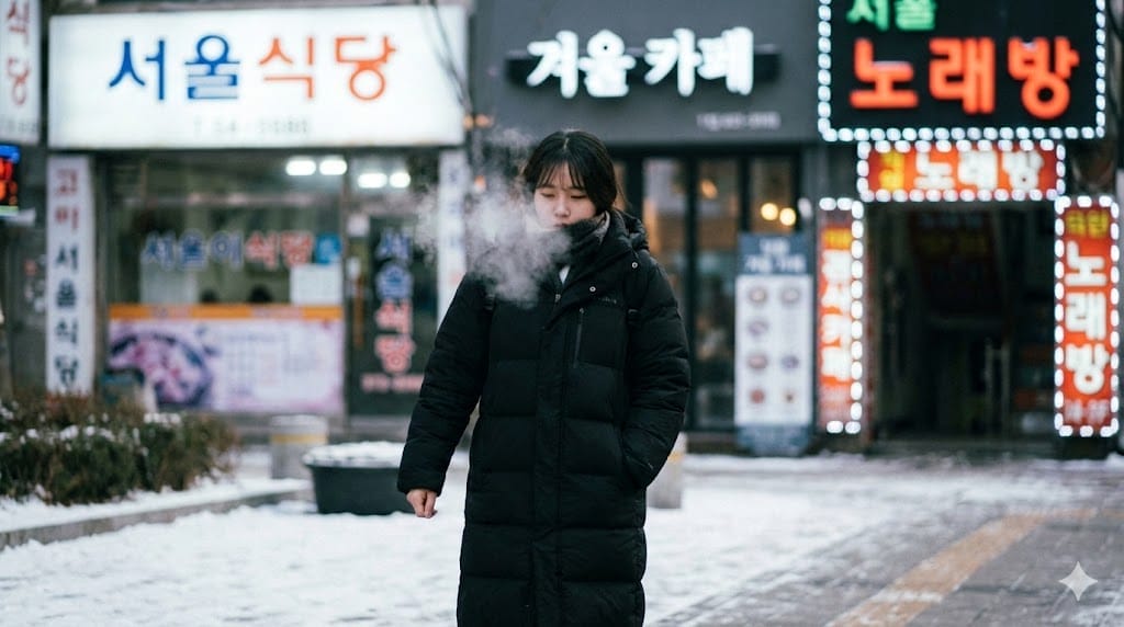 黒いコートを着た人物が、韓国の看板や商店を背景に、屋外の雪道に立って水蒸気を吐き出している。.