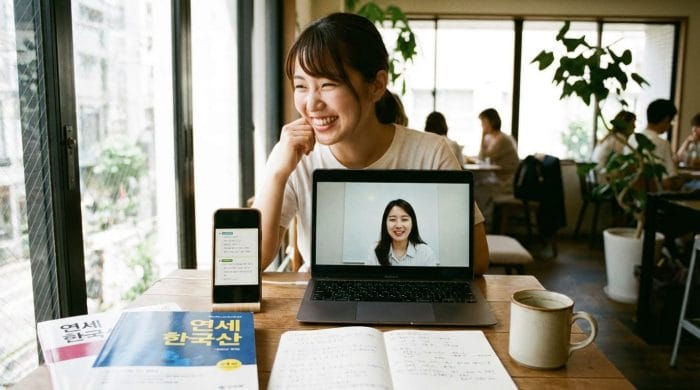 カフェで韓国語のオンラインレッスンを受ける女性