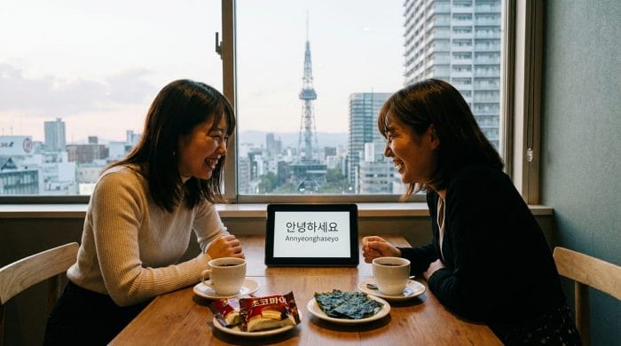 カフェのような空間で韓国語を学ぶ生徒たち