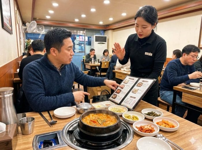 韓国料理店でメニューを指さしながら辛さの調節を注文する様子