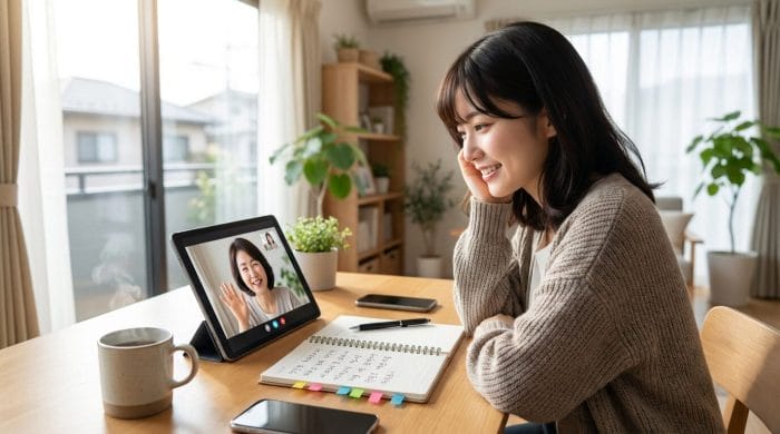 オンラインで韓国語レッスンを受ける女性