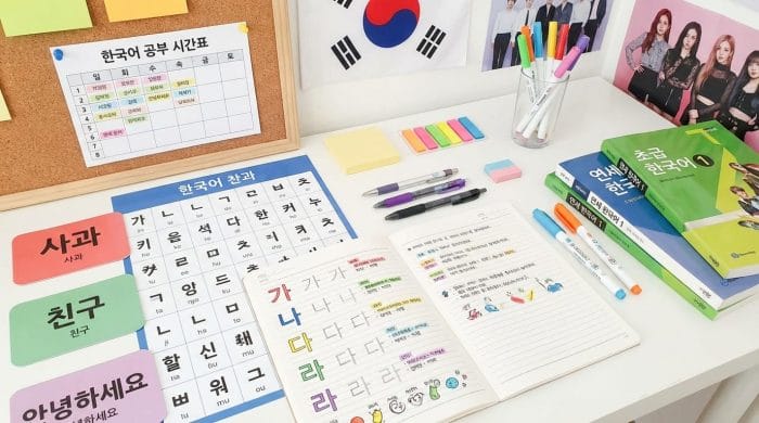 ハングル文字表とカラフルな学習教材が広げられたデスク