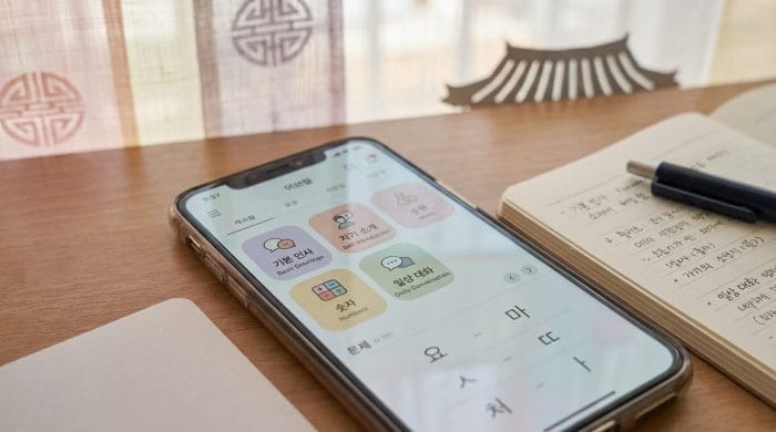 スマートフォンとノートを使った韓国語学習イメージ