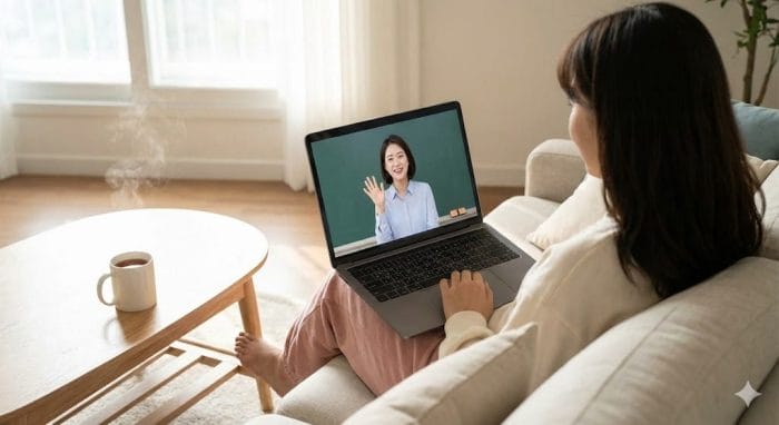 自宅でリラックスしてオンライン韓国語レッスンを受ける様子