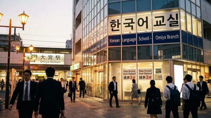 大宮駅周辺の賑やかな街並みと韓国語教室の看板
