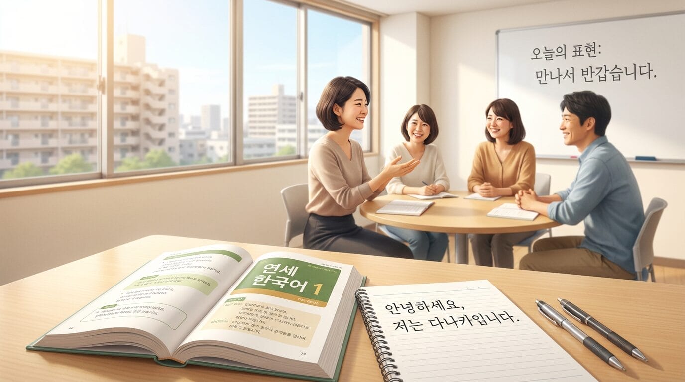 明るい教室で4人がテーブルを囲み、笑顔で話している。手前のテーブルには開いた韓国語の教科書とハングルが書かれたノート。.