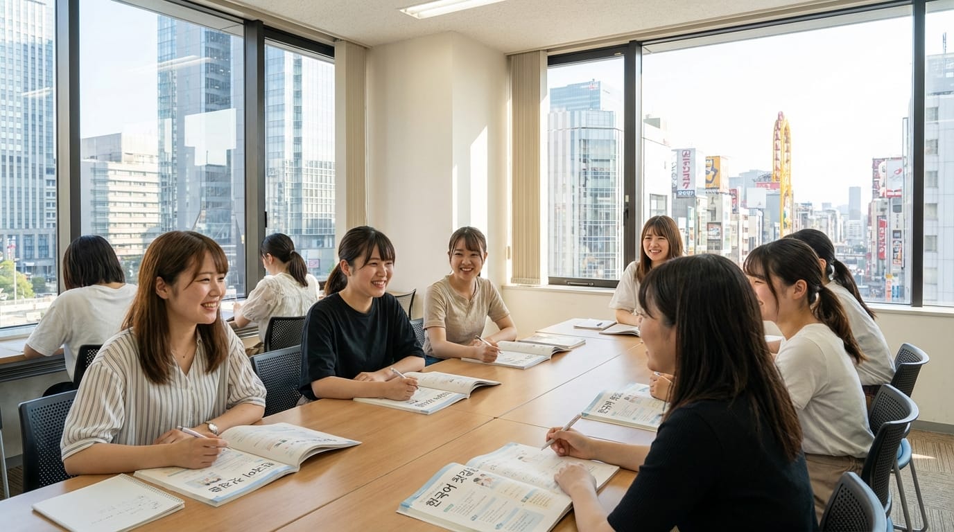 街並みが見渡せる明るい教室で、若い女性たちが大きな窓際のテーブルを囲んで本を読み、語り合っている。.