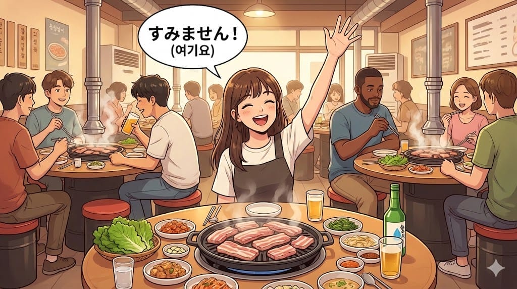 テーブルの上にさまざまな料理や飲み物が並ぶ、にぎやかな韓国焼肉店で、元気な若い女性が手を上げて給仕を呼んでいる。.