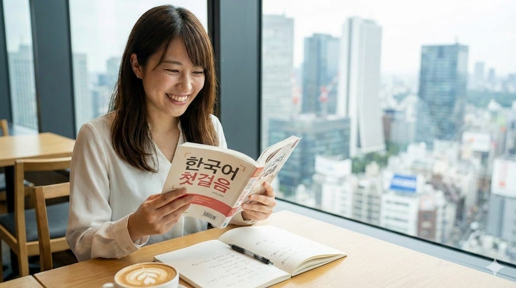 街並みの見える窓際のテーブルに座り、韓国語の本を読みながら微笑む女性の前に、ノートとコーヒーカップが置かれている。.