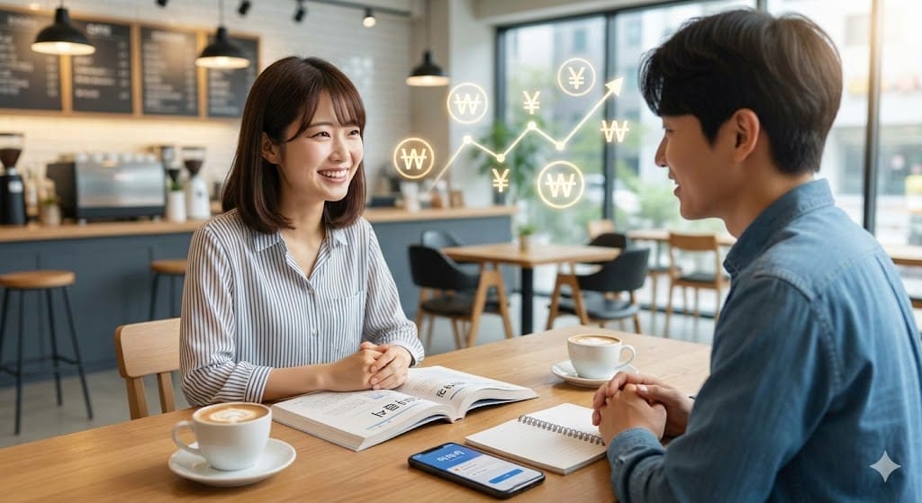 カフェのテーブルに2人が座り、ノートとコーヒーとスマートフォンを持っている。.