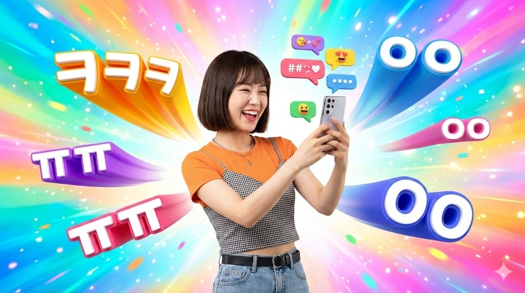 虹色の背景にカラフルな絵文字とシンボルに囲まれ、スマートフォンを手に笑顔を見せる女性。.