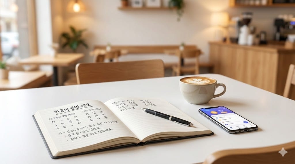 明るいカフェの白いテーブルの上に、ハングルが書かれたノートとペン、カフェラテとスマートフォンが置かれている。.