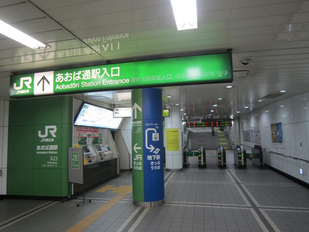自動券売機、料金改札、日本語、英語、中国語、韓国語の表示がある阿波踊り駅入口。.